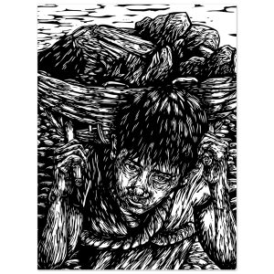 Illustrazione in bianco e nero di un bambino che trasporta un pesante carico di pietre sulla schiena.