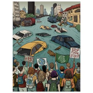 Illustrazione a colori di una città allagata con auto sommerse e manifestanti per il clima che reggono cartelli di protesta.