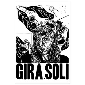 Illustrazione in bianco e nero di una persona circondata da girasoli inquieti con scritta GIRA.SOLI in grande in basso.